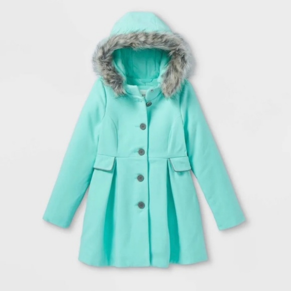 Target Kids Aqua Hooded Coat with Faux Fur Trim